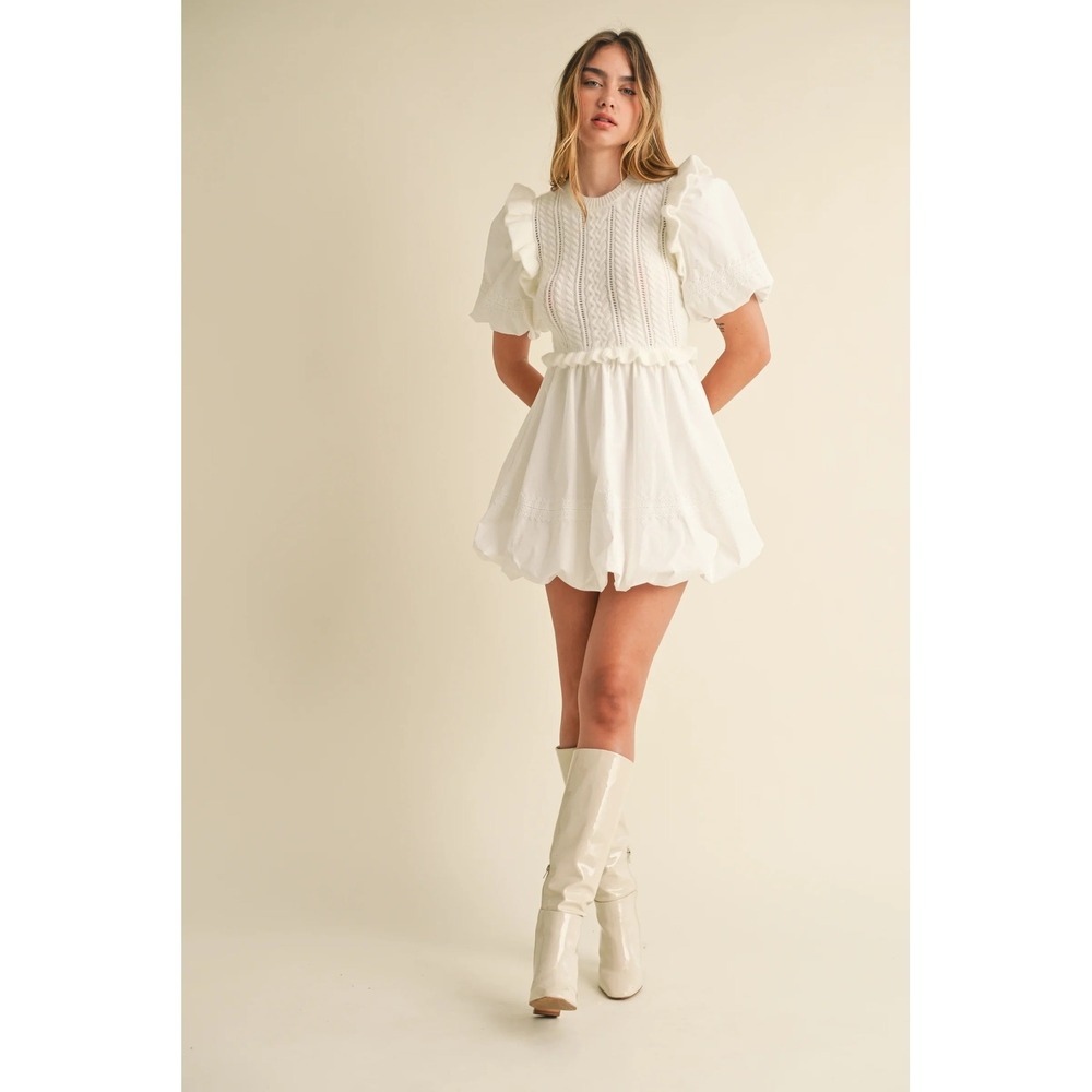 MABLE • NWT Ariana Sweater Bubble Skirt Mini Dress White Cable Knit Sz Medium - Picture 2 of 13
